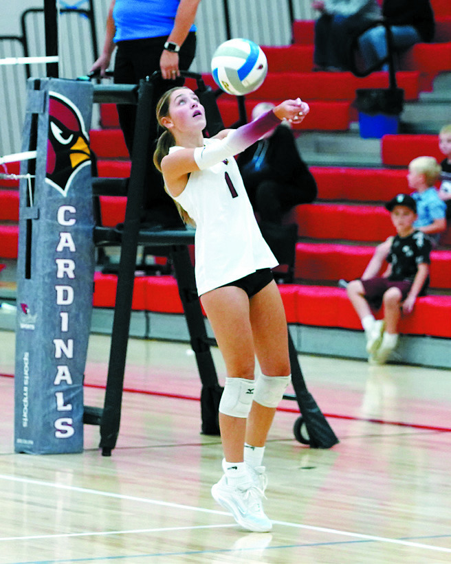 Meggy Hetletved passes the ball to a teammate in their win on Sept. 25 over the NRS Rockets. Photo by Larry Stokke.