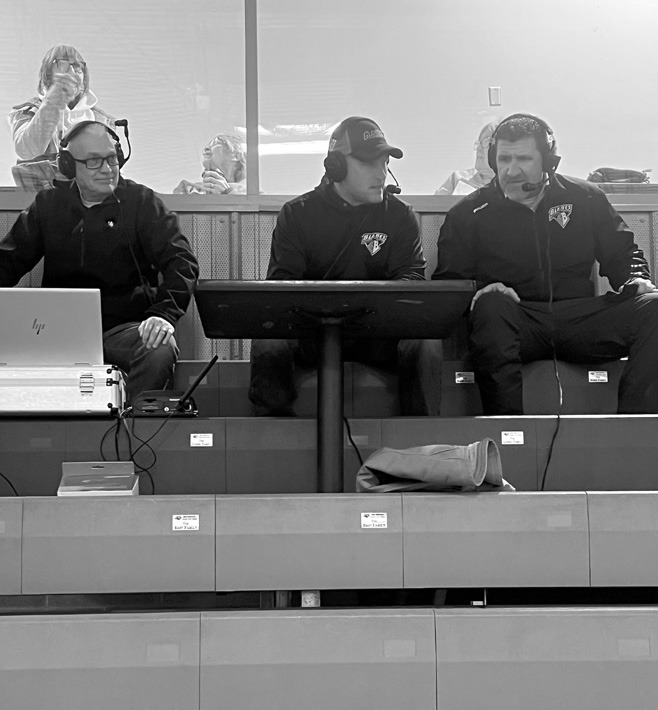 From (L-R) Bob Simmons, tech; Greg Goodman, Play by Play Extraordinaire; and Kevin Forrest, Blades Asst. Coach/Pilot and certified door opener.
