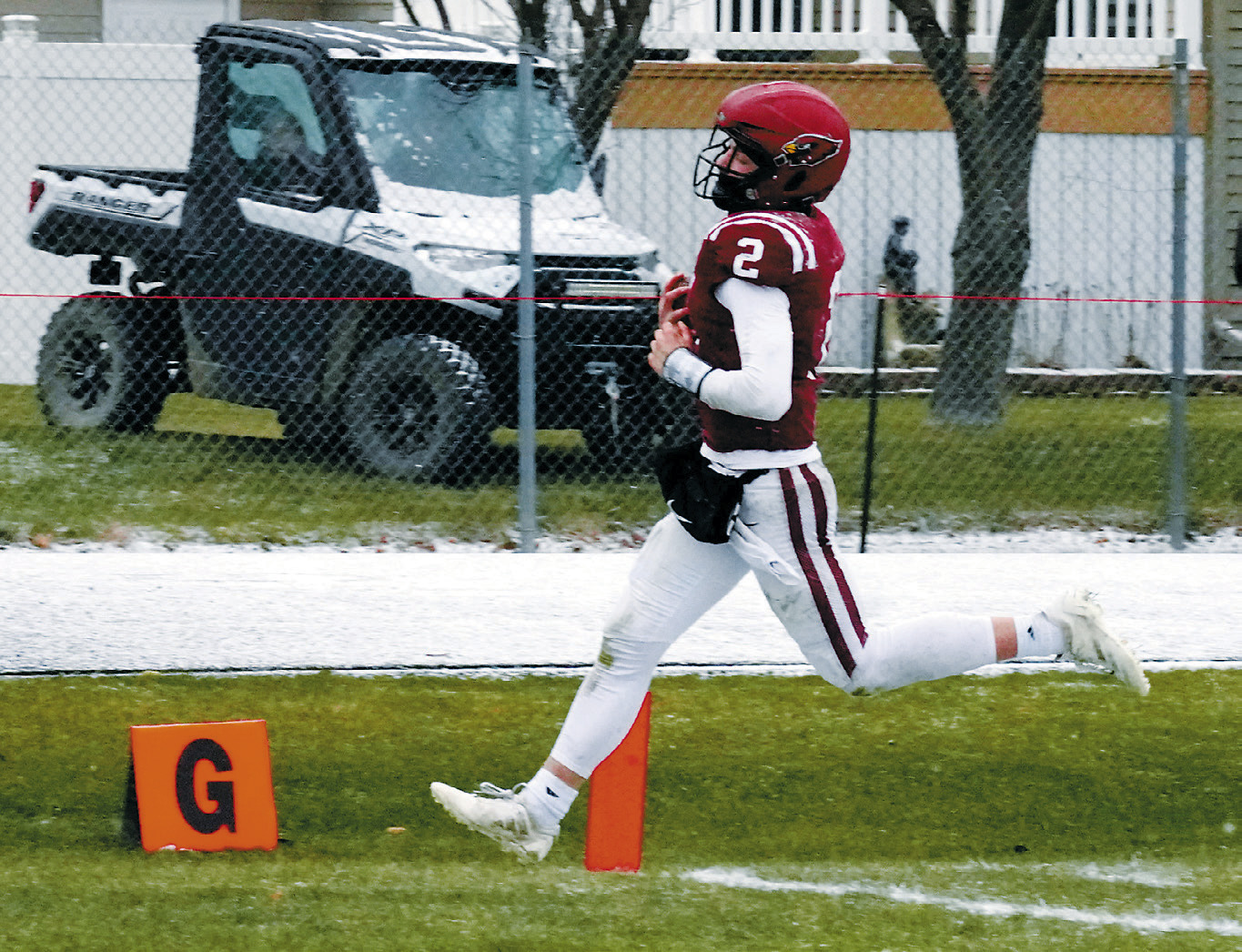 FM Bank's Player of the Game Jax Johnson put on a football clinic with 32 carries for 207 yards, three rushing touchdowns, one passing touchdown and one kick return for a touchdown. Photo by Larry Stokke.