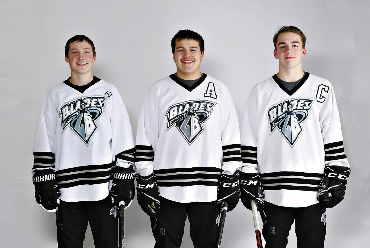 (L-R) Brody Steinmetz, Brady Regner, and Alex Gellner. The trio when they were a part of the Blades 2023 State Championship team in Junior Gold hockey.