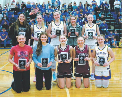 All-District Team, Back Row L-R Jaydee McCleod, St. John; Addisyn Faul, Benson County; Lacie Fautsch, Benson County; Kenley Blasey, Nelson County; Aubrey Kenner, Benson County. Front Row L-R Ella Pederson, North Prairie; Ava Peterson, New Rockford-Sheyenne; Hilary Haaven, Langdon-Munich; Aryanna Schaefer, Langdon-Munich; Kaitlyn Maddock, Benson County. Photo by Larry Stokke