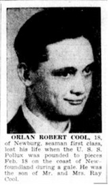 A photo and short notice about the death of Orlan Robert Cool via newspapers.com Original sources: The Fargo Forum, Daily Republican, and Moorhead Daily News, Mon Mar. 16, 1942 Page 12.