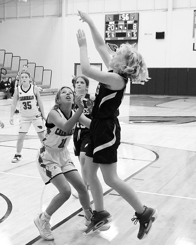 Avery Schaefer drops in a basket in the game against the Cards. Photo by Larry Stokke.