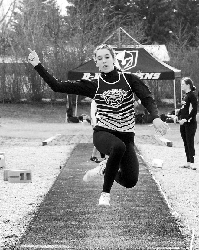 Audriey Longtine placed 9th in the long jump out of 22 entrants at the Langdon Meet on April 24. Photo by Larry Stokke.