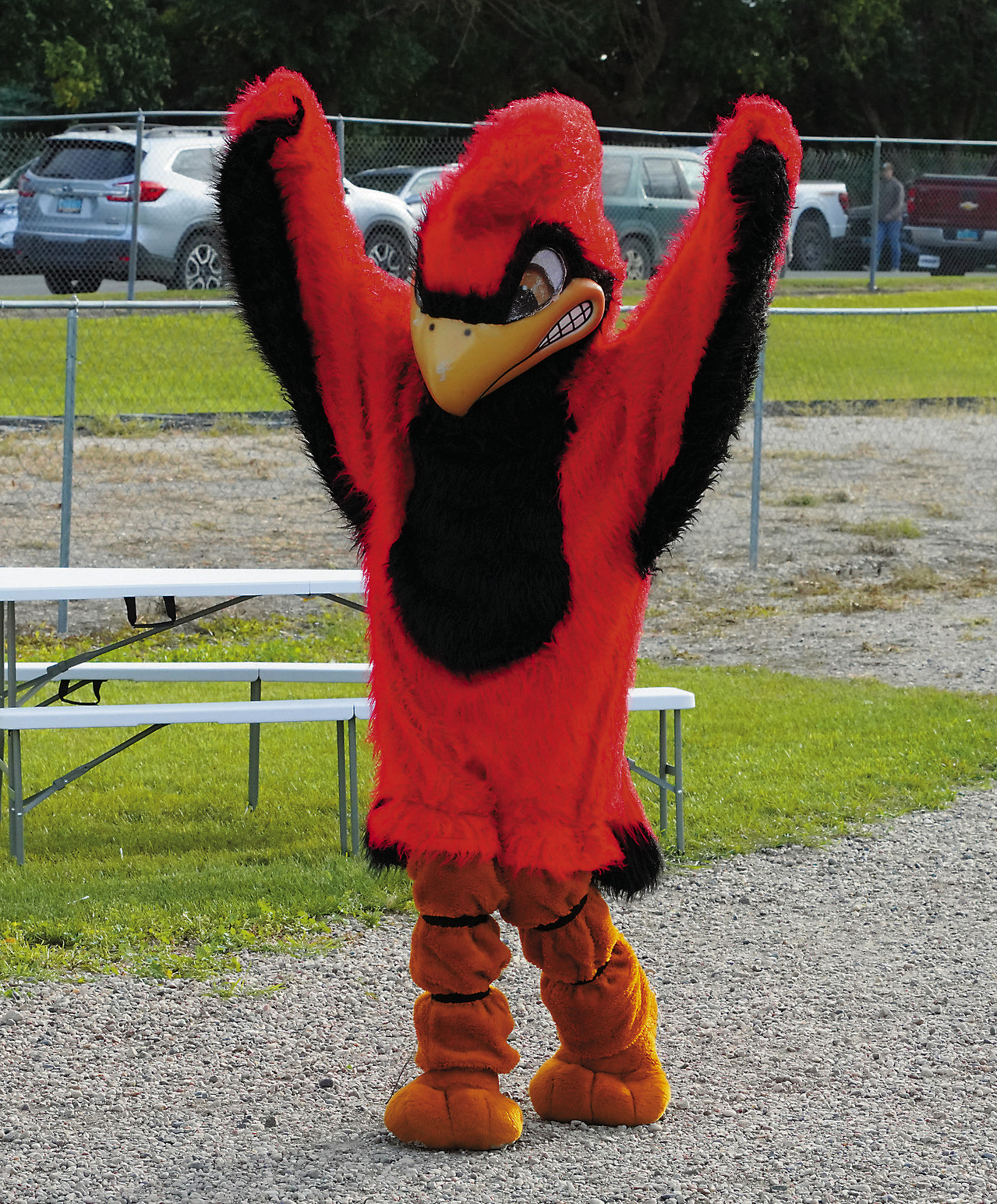 The Cardinal mascot made a return to help the cheer squad keep the fans fired up. Photo by Larry Stokke.