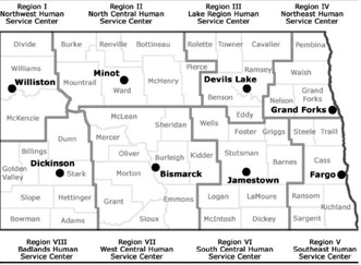 A map of the eight Human Service Center regions across North Dakota. From the Department of Health and Human Services.