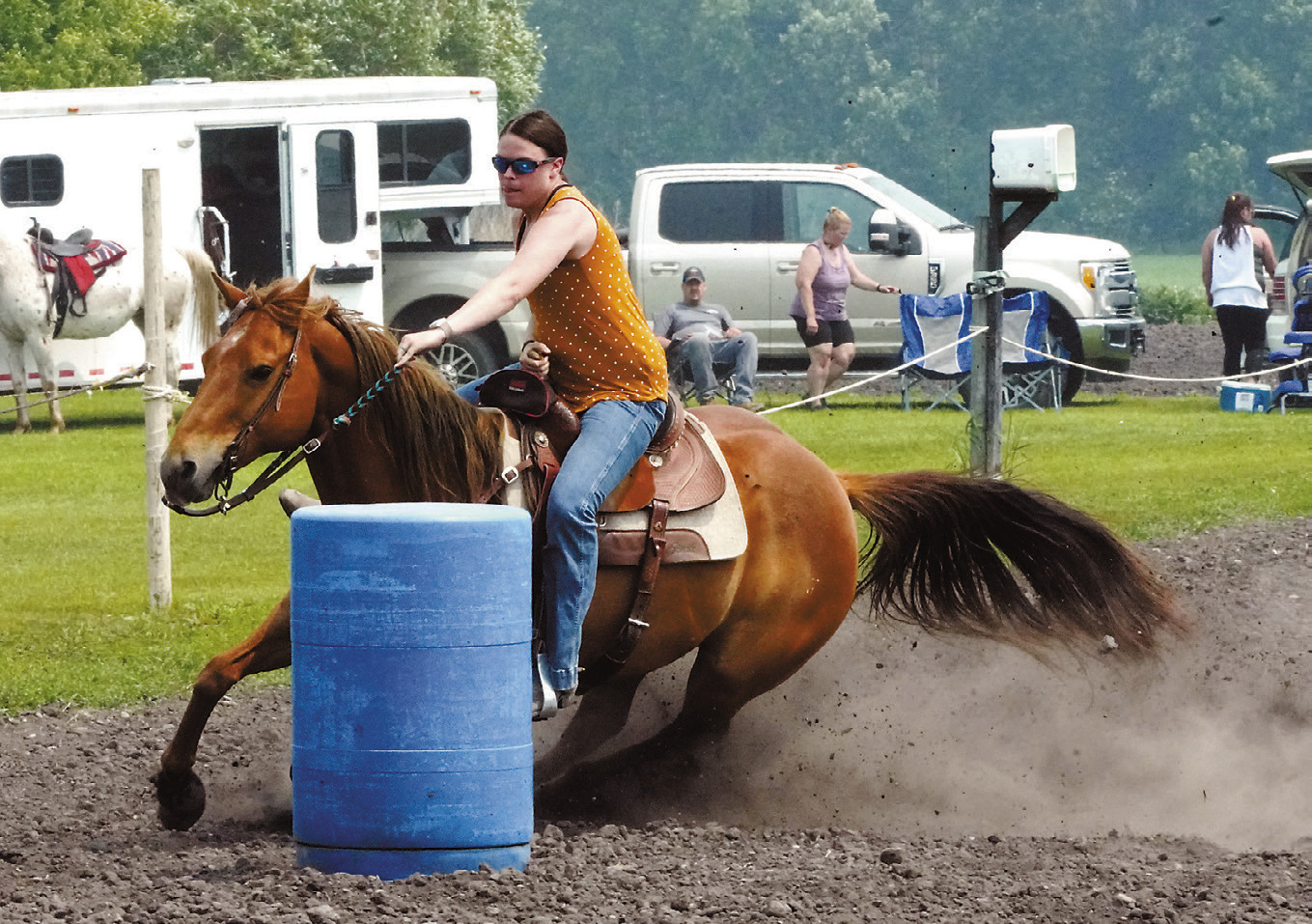 Taylor Lindegard making quick time around the barrels on June 1 at the tribute to Guff Cook Sapa Show Sunday June 1. Photo by Larry Stokke.