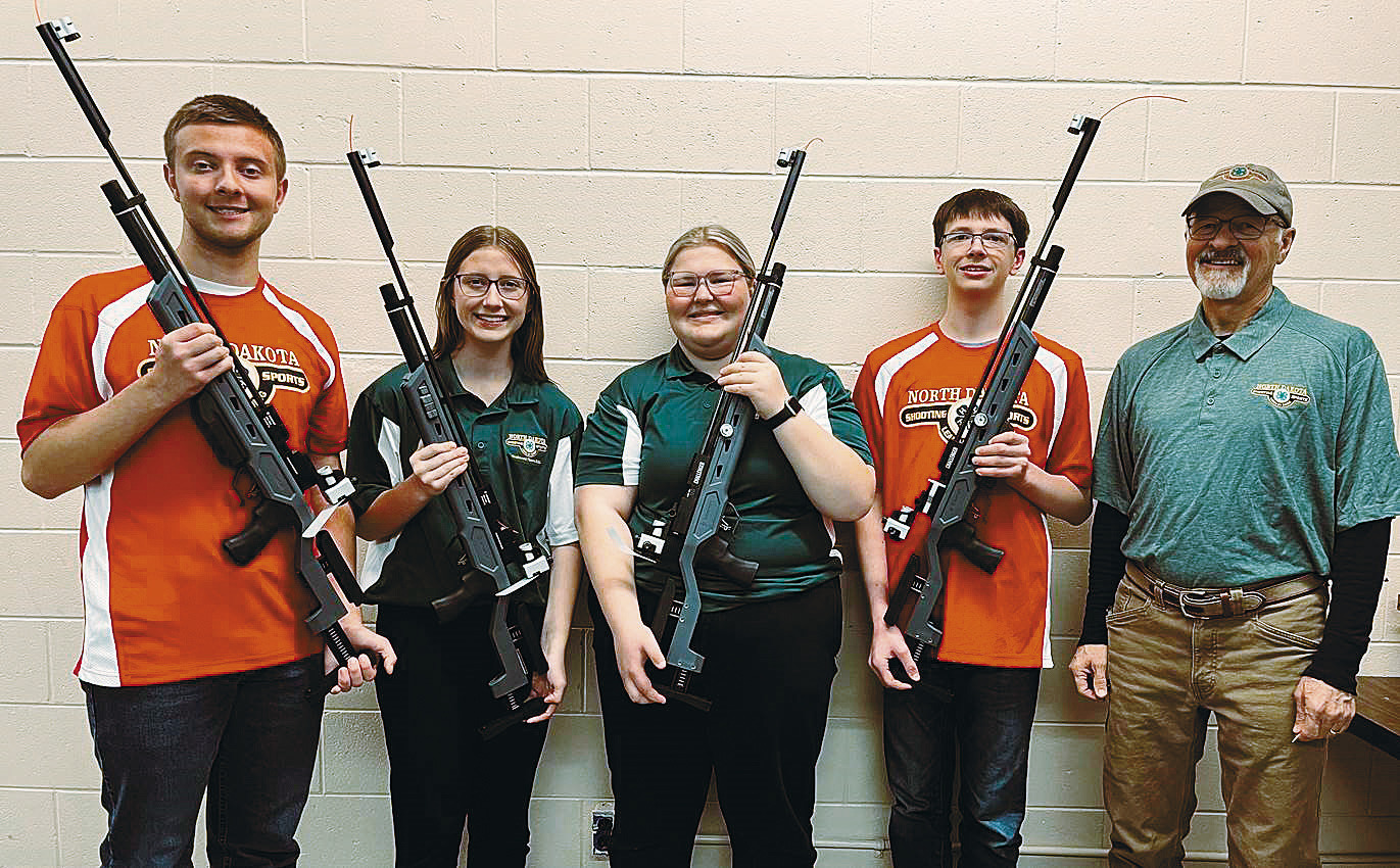 Members of the Ramsey County state air rifle championship team are, from left, Isaac Vaagen, Rachel Vaagen, Lauren Stiven, Brady Schuler and coach Rick Jorgenson. (NDSU photo)