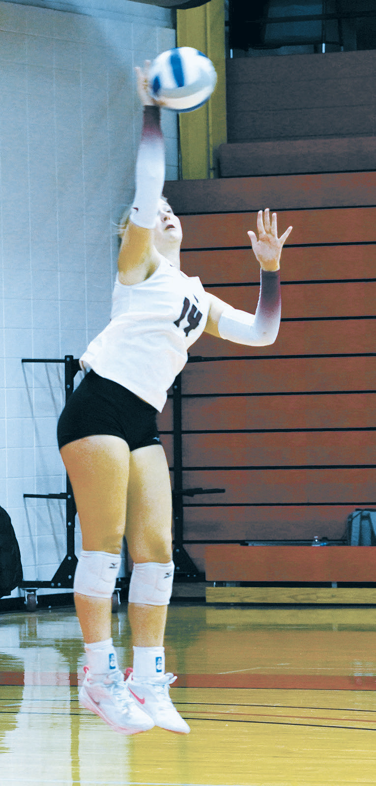 Emma Hall serves up an ace against the Wildcats. Photo by Larry Stokke.