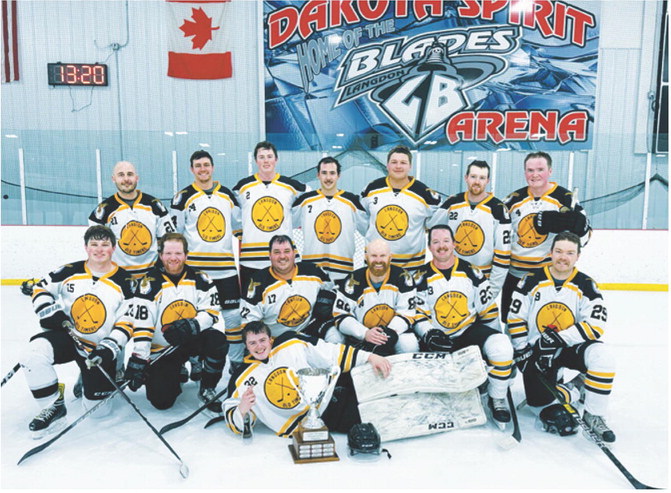 Langdon Old Timers team. Back row L-R: Ryan Howatt, Andy Muhs, Kadyn Hein, Ryan Henderson, Jace Rime, Landan Tollefson, Nick Balsdon. Front row L-R: Gage Goodman, Matt Geddes, Benny Hoffarth, Gavin Waslaski, Colin Olson, Joey McGauvern. Goalie: Dawson Hein. Submitted photo.