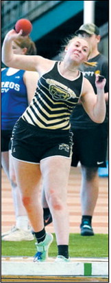 Sadie Snyder placed sixth in the shot put April 10 in Grand Forks. Photo by Larry Stokke
