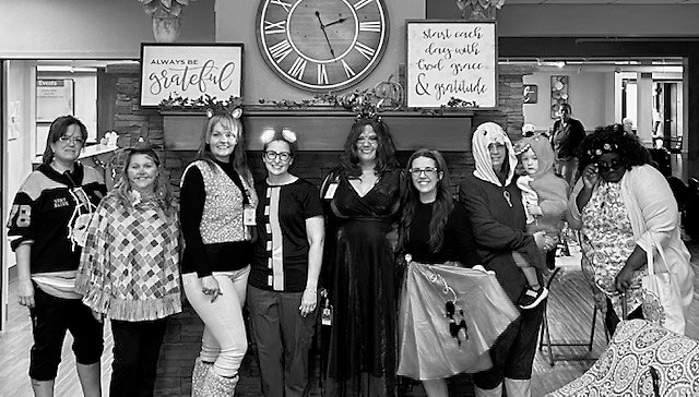 Pembilier Nursing staff dressed up for Halloween 2025. Photographed (L-R) Chrystal, Tania, Katie, Melissa, Heather, Kelsey, Mollie and baby Lucas, and Atalia.