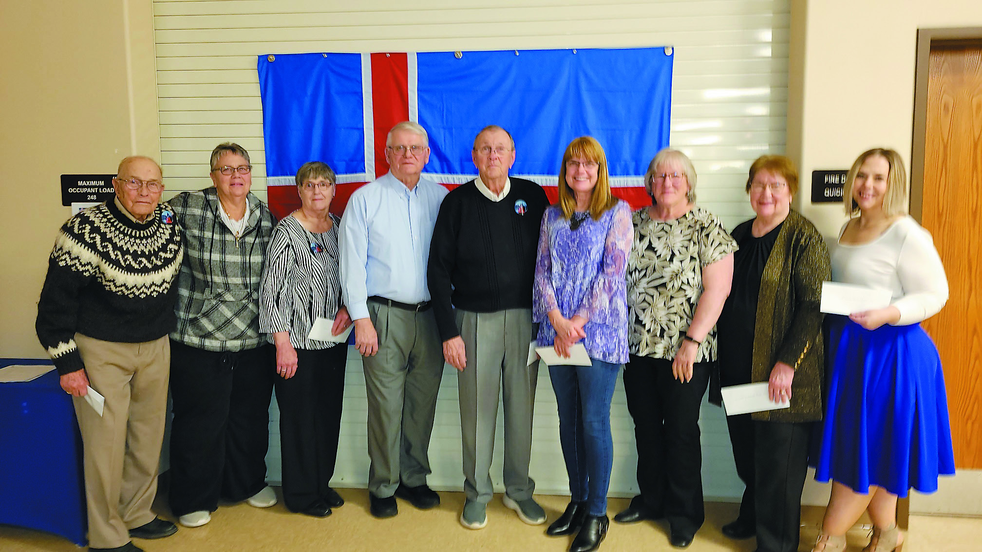Representatives accepting Heritage Site grants: L-R John H. Johnson (Gardar Pioneer church), Michelle Murray (Svold Hall), Karen Kristjanson (Thingvalla Cemetery) , Kayo Vivatson (Vidalin), Gerald Christianson (Borg Memorial Home), Sharon Laxdal (Gardar Lutheran), Karen Langerud( Gardar Township Hall), Barb Mahar (NENDHA for Akra Hall) and Dori Heck (Vikur LCW).