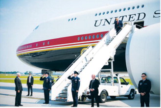 President Donald Trump departs Air Force One as he arrives at Bismarck Municipal Airport on July 1, 2026 in Bismarck, North Dakota. Sen. John Hoeven, left, is waiting to greet him before they depart for Medora for a celebration honoring the nation’s 250th birthday and the opening of the Theodore Roosevelt Presidential Library. (Photo by Andrew Harnik/Getty Images)
