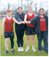 The Cardinals’ throwers relay team of Brett Bryant, Fenja Lawson, Levi Swanson and Christine Joyner claimed first place at the meet. Photo by Larry Stokke