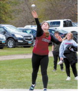 Fenja Lawson set a school record in the shot put with a throw of 39 feet, 6¾ inches, earning a personal best and state-qualifying mark. Photo by Larry Stokke.