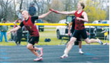 Braxton Lindseth hands the baton to Gavin Trottier during the Cardinals’ first-place finish in the 4x400 relay on May 9 in Larimore. Tanner McDonald and Caleb McDonald were also members of the relay team. Photo by Larry Stokke
