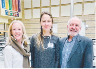 Rep. Liz Conmy, from left, candidate Anastassiya Andrianova and Sen. Tim Mathern pose for a photo in February 2026 after being endorsed by the Democratic-NPL Party in District 11. (Photo courtesy of the Dem-NPL Party)