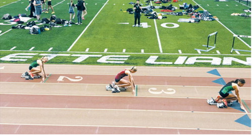 Hallie Overby prepares for the 200-meter dash at the Pembina County Indoor, where she placed third. Submitted photo
