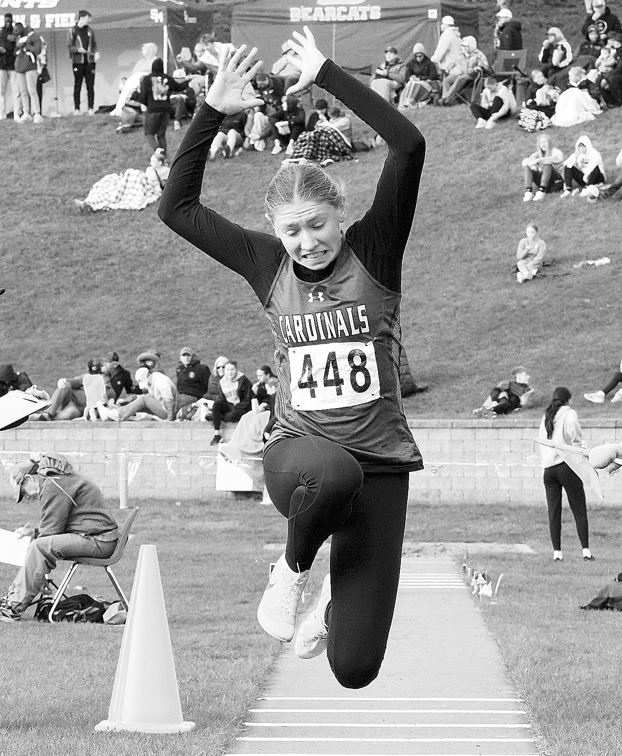 Aubrey Badding took home 7th place in the triple jump at the State Meet in Bismarck with a jump of 34' 5.5'. Photo by Larry Stokke.
