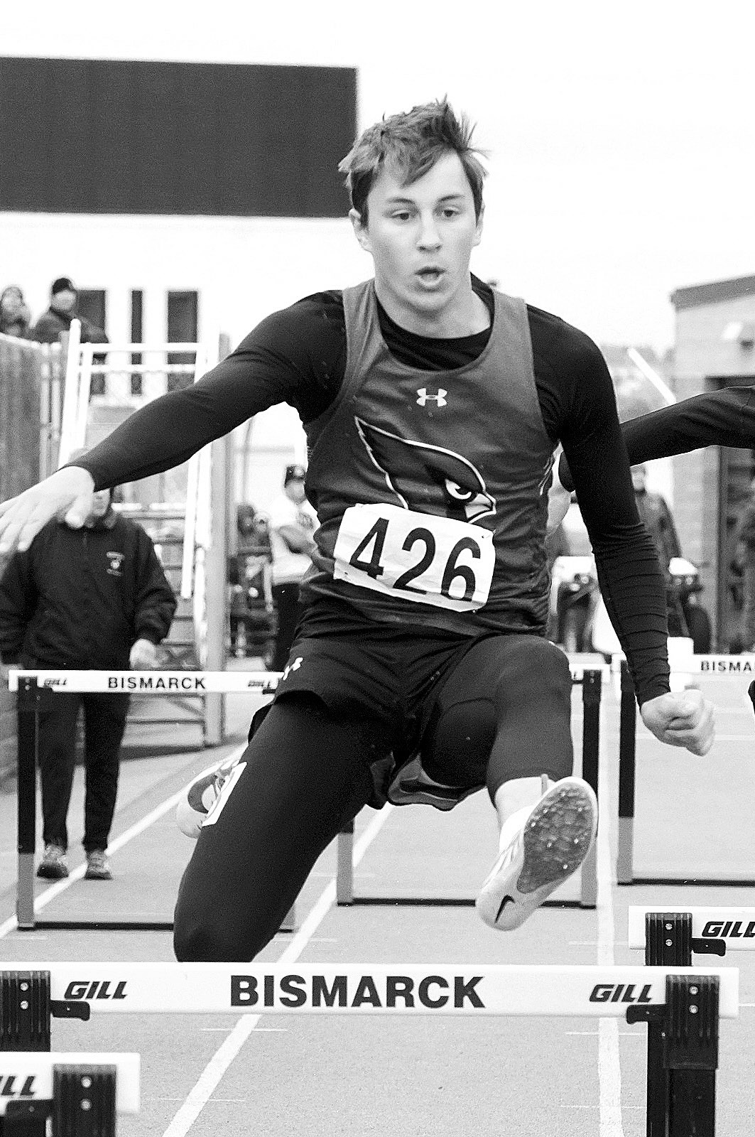 Tanner McDonald ran a personal best in the 300 Hurdles with a time of 43.92 seconds. Photo by Larry Stokke.