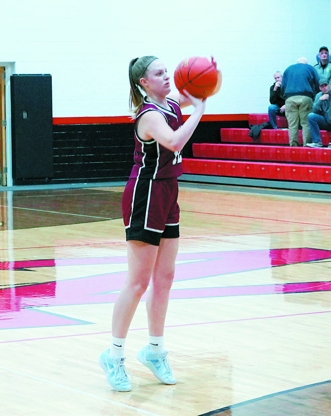 Mikaela Olson drains one of her two 3-point baskets in Cando on Jan. 16. Photo by Larry Stokke.