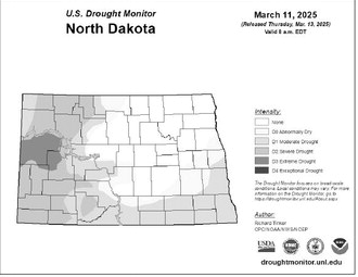 The U.S. drought monitor map shows the drought conditions for North Dakota as of March 11. (Graphic by droughtmonitor.unl.edu)