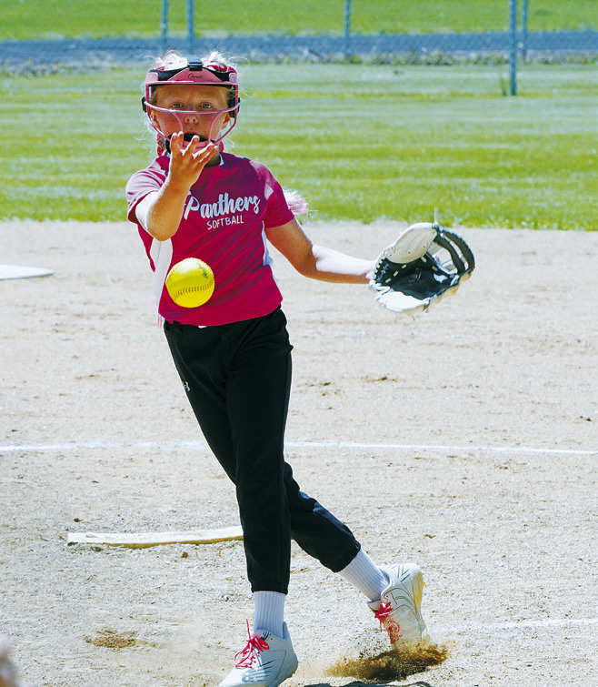 Kalleigh Rollness eyes the batter and delivers a strike. Photo by Larry Stokke.