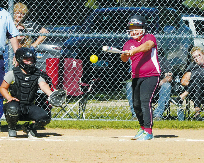Ryann Farris connects for a base hit. Photo by Larry Stokke.