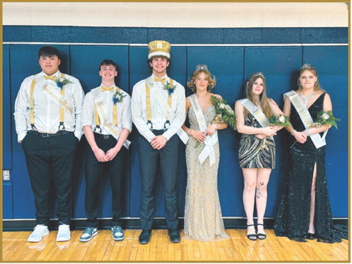 North Border- Walhalla’s 2026 Homecoming Court pictured, from left, are Cameron Saldana, Kaden Moore, Homecoming King Bryce Carignan, Homecoming Queen Dannika Bennett, Isabelle O’Donnell and Faith Ratajczak. Photo courtesy of North Border Schools