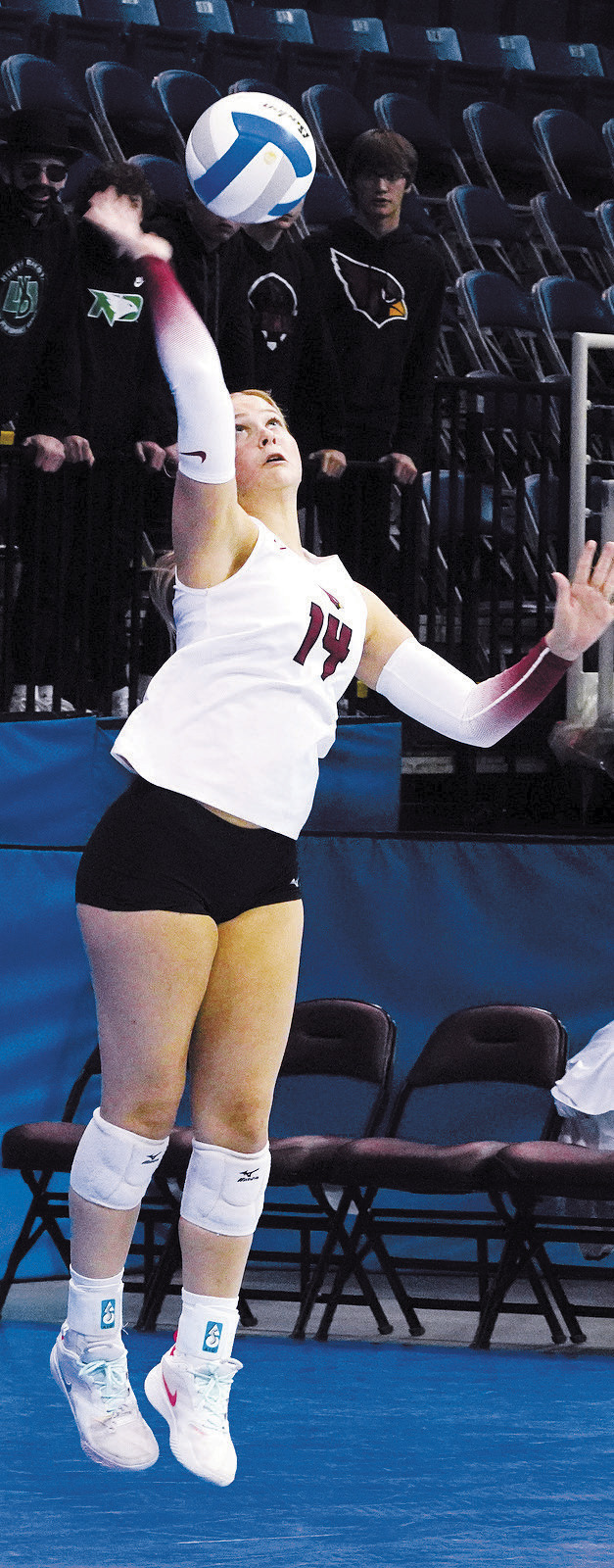 Emma Hall leaps high and sends the ball over the net to their opponents. Photo by Larry Stokke.