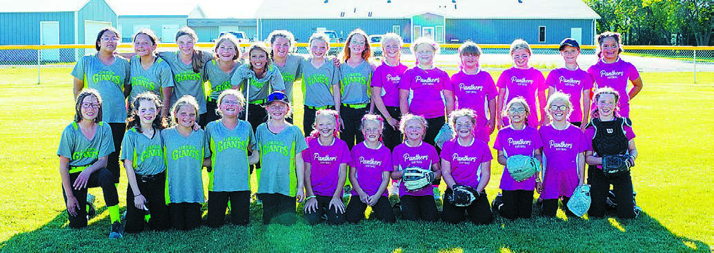 The Pink Panthers took 3rd place and the Green Giants took 4th in their tournament on June 30 in Cavalier. Green Team - back row (L-R) Kayanna Petri, Myla Domres, Landree Lowery, Averie Plummer, Brooklyn Mondor, Lizzie Hakanson, Sadie Pankratz, Jenna Wild; front row: Taylor Borgen, Aria Olson, Kenastyn Pritchard, Paisley Feil, Tori Olson. Pink Team - back row (L-R) Sawyer Moline, Ryann Farris, Andrea Finnson, Brynlee Koons, Breck Krivarchka, Zoe Economy. front row: Addi Gaffke, Lauren Flink, Kalleigh Rollne