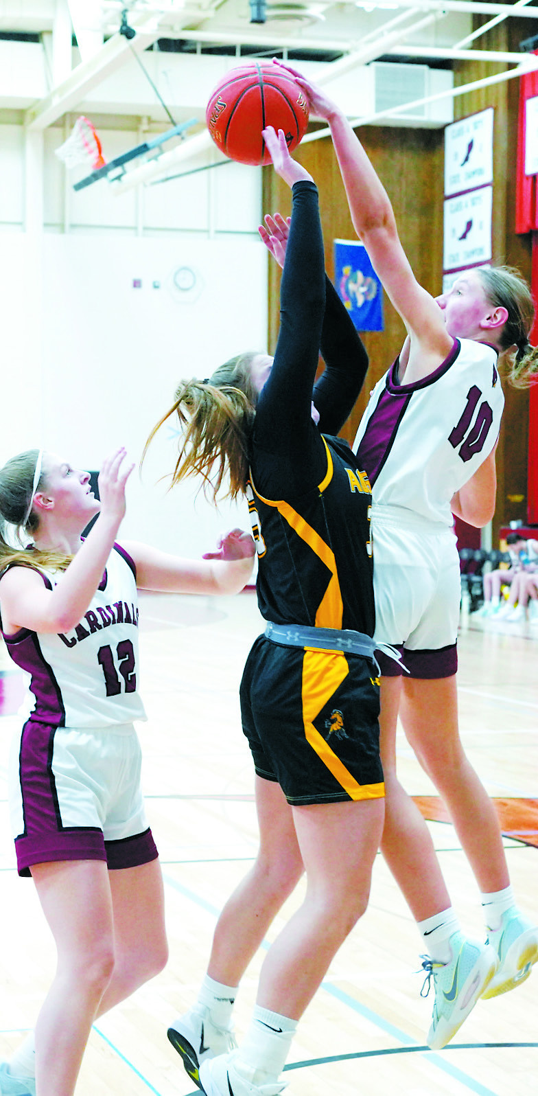 Aubrey Badding gets her hand on the ball and blocks the shot of an Aggie player in Langdon on Jan. 28. Photo by Larry Stokke.