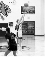 Erika Bakke hit three 3-point baskets in the Cards win over Kenmare /Bowbells. Photo by Larry Stokke