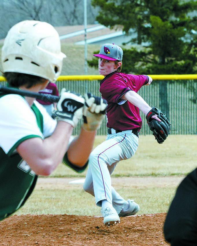 Tyson Gemmill rears back and sends a strike across the plate against Beulah. Photo by Larry Stokke.