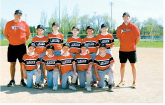 Back row from left: Coach Krivarchka, Caden Downs, Aksel Bredeson, Grady Zeis, Hunter Jacobson, Jaxtin Overby, Coach Schaefer. Front row from left: Jack Schaefer, Miles Flink, Baylor Krivarchka, Jordan Pengilly, Sean Marceaux. The Red Sox finished their season with a 13-5 record.