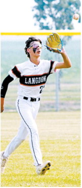 Karson Hensen records the third out with a catch during Langdon's first-round District 3 tournament game against Park River in Grafton on July 16. Photo by Larry Stokke