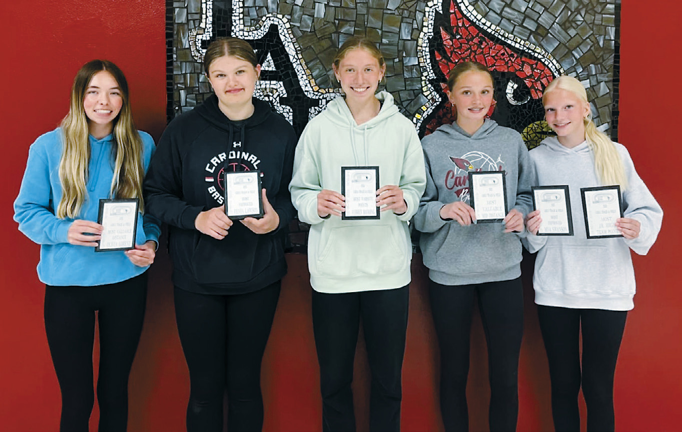 Mid-Distance, Mya Swanson-Most Improved, and Most Jr. High Team Points. Not Pictured Christine Joyner-Weight Room Champ. Submitted photo. Girls track and field award winners (L-R) Olivia Lorenz-Most Valuable Distance, Fenja Lawson- Most Improved, Aubrey Badding-Most Varsity Team Points, Hallie Overby-Most Valuable