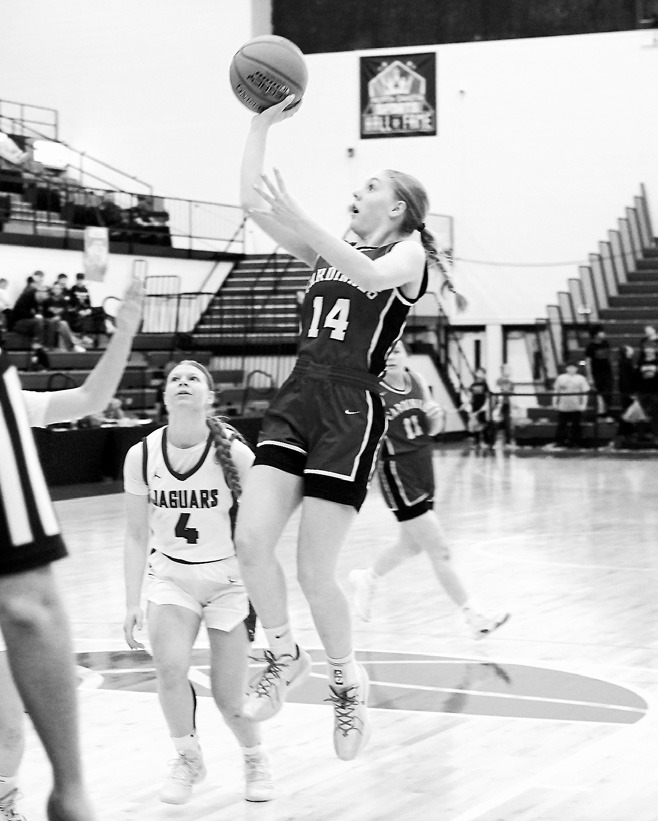 Hilary Haaven drops in a basket, finishing the game against the Jaguars with 13 points. Photo by Larry Stokke.