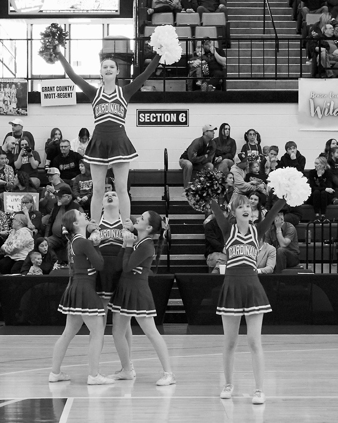 The Cardinal cheer team keeping fans excited. Photo by Larry Stokke.