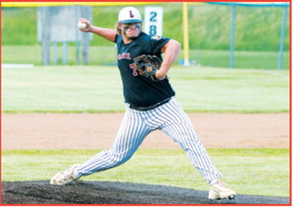 Theo Romfo winds up before delivering a strike during the District 5 American Legion Baseball Tournament in Langdon. Photo by Larry Stokke