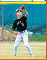 Bensen Fetsch makes a catch deep in left field for the third out during the District 5 American Legion Baseball Tournament in Langdon. Photo by Larry Stokke