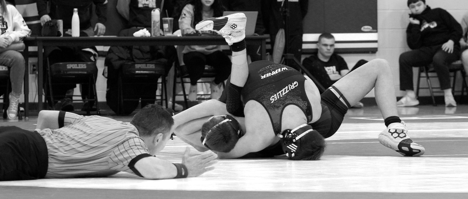 Aiden Werner pinned his opponent to move on to the state tournament in the 160 lb. weight class. Photo by Larry Stokke.