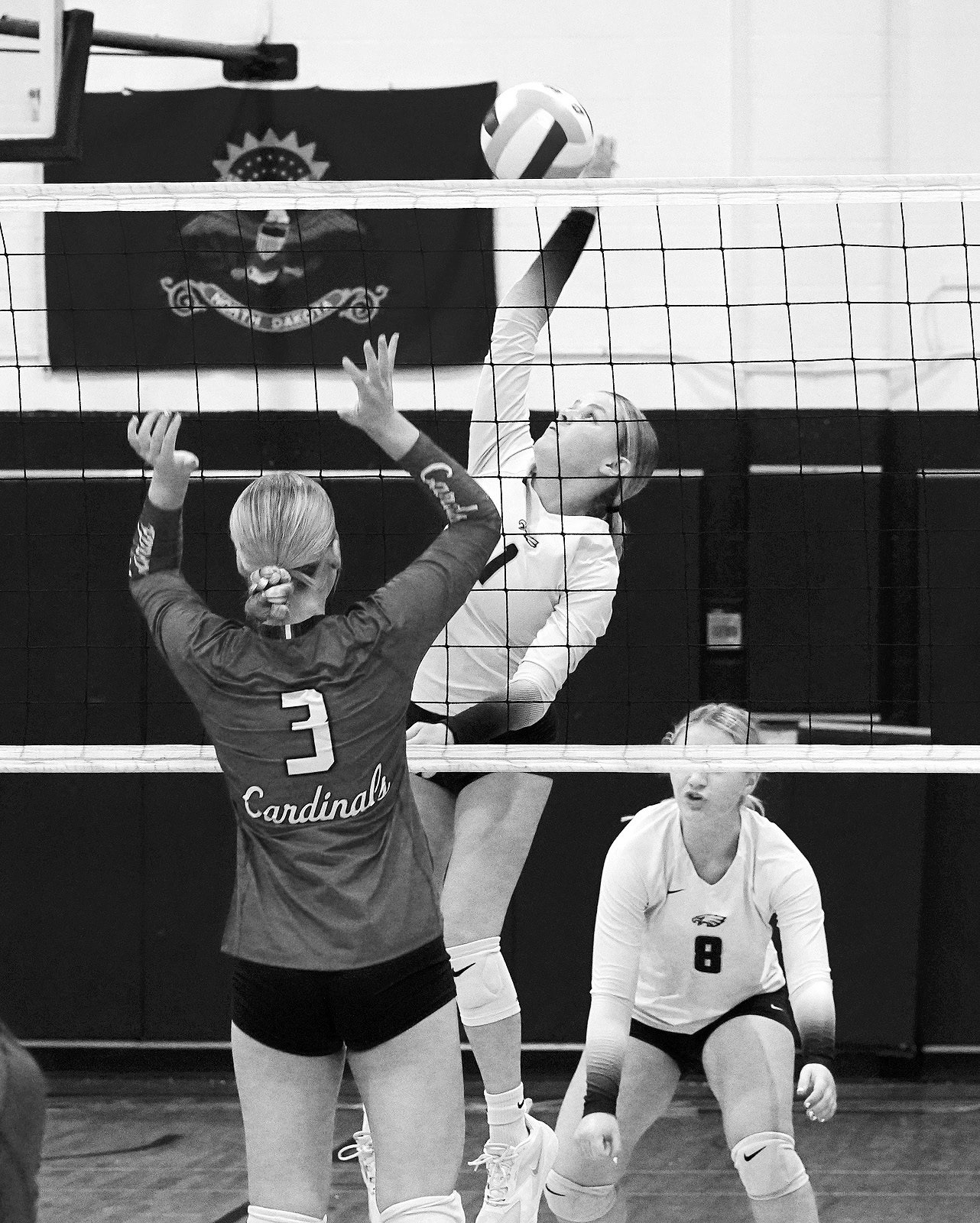 Caylee Berg get high in the air and sends the ball over for a point for the Eagles. Photo by Larry Stokke.
