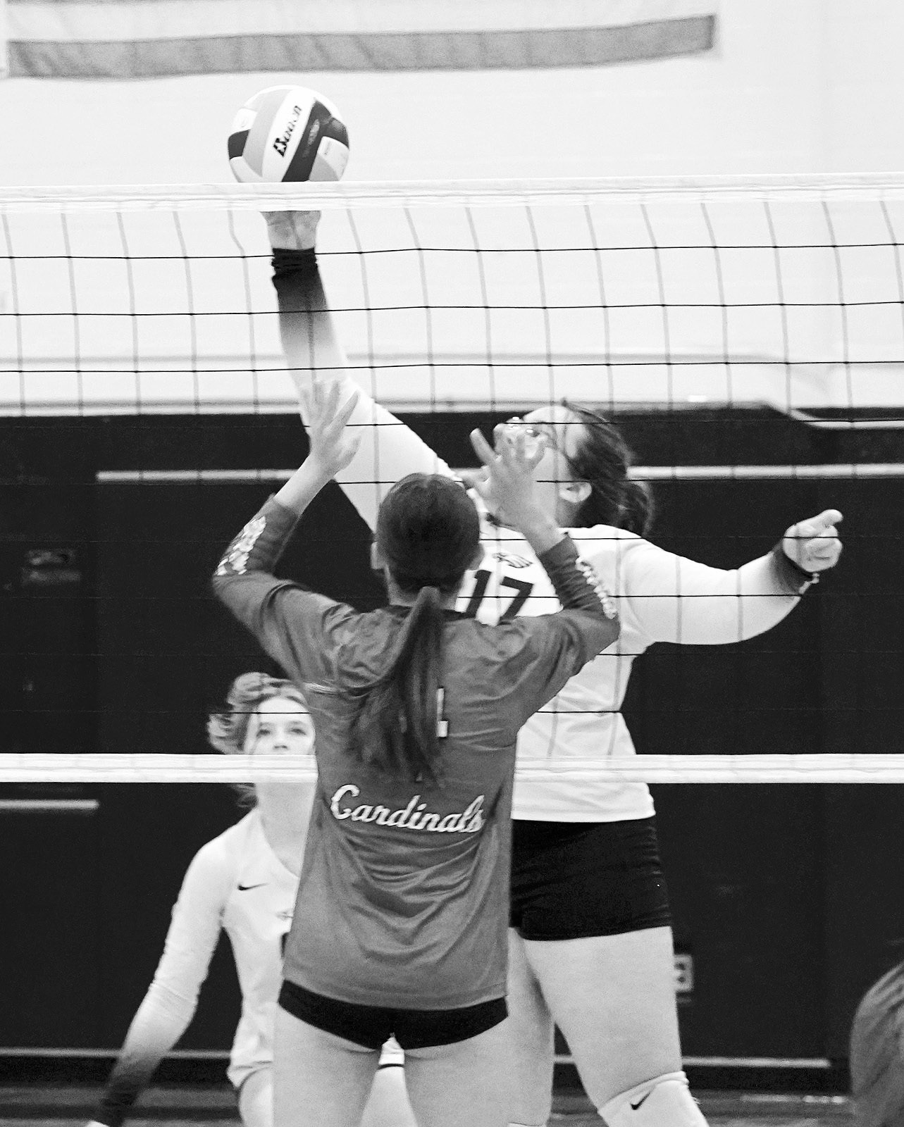 Jaelyn Forrey sends the ball over for a point against the Cardinals. Photo by Larry Stokke.