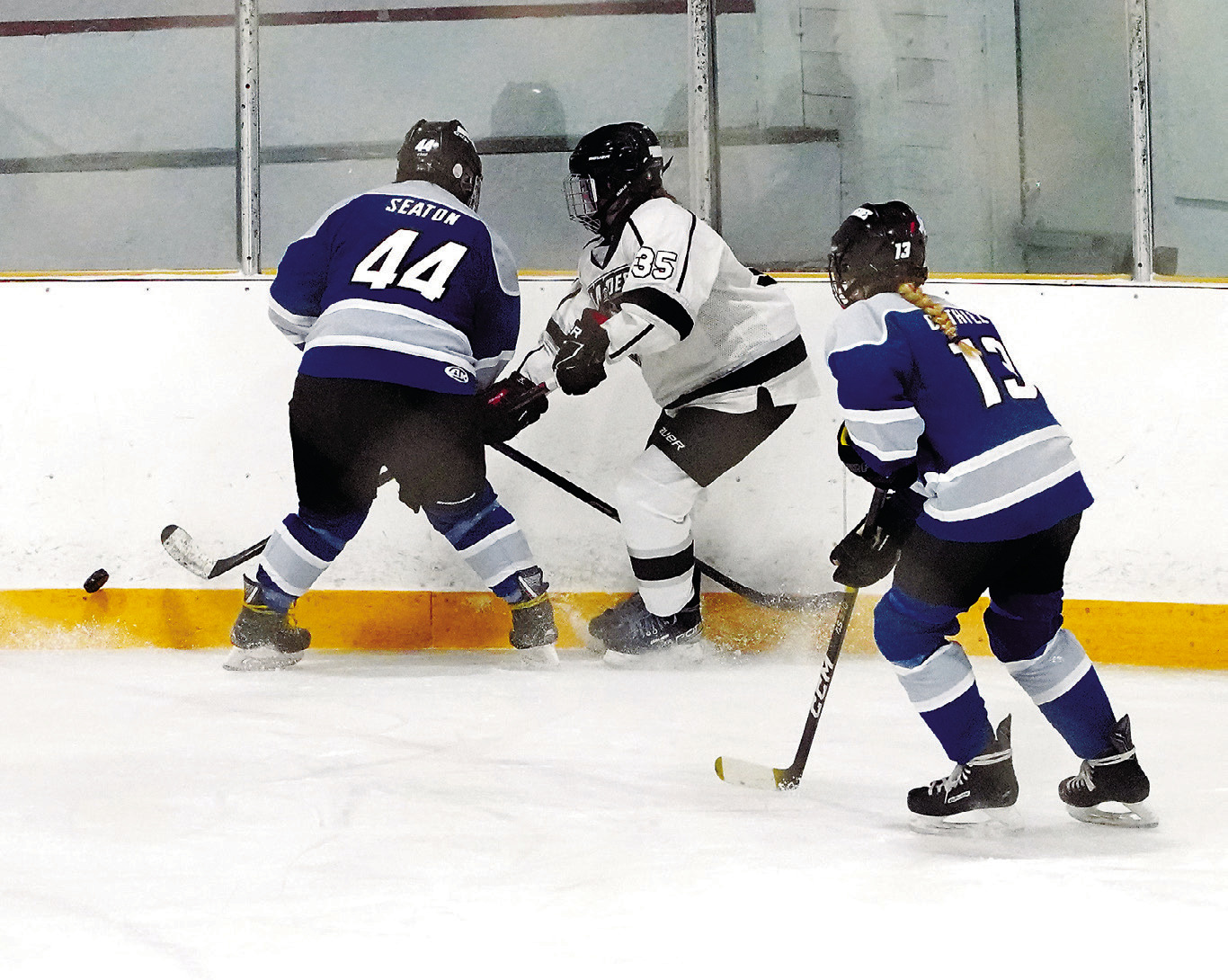 Mya Hoffman fights for control of the puck and sends it along the boards to a teammate. Photo by Larry Stokke.