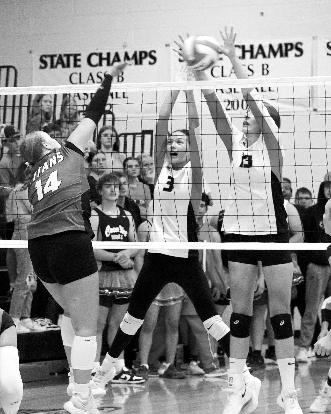 Ariana Thebeau stuff blocks the ball. Photo by Larry Stokke.