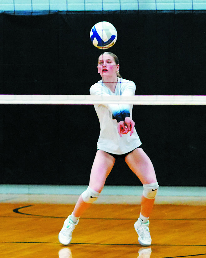 Dannika Bennett with a back row dig against the Titans on Oct. 13. Photo by Larry Stokke.