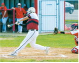 Theo Romfo connects for a base hit into the outfield during the Langdon Post 98 Red Sox Cardinals' game against the May-Port-CG Patriots on June 8 in Mayville. Photo by Larry Stokke