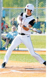 Cody Amble connects for a base hit against Park River on June 4. Photo by Larry Stokke